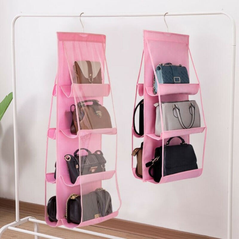 Hanging Storage Bag 6/8 Pocket Purse Handbag Tote Bag Storage Organizer Hanger Double Sides Hanging Storage Bag Wardrobe Closet