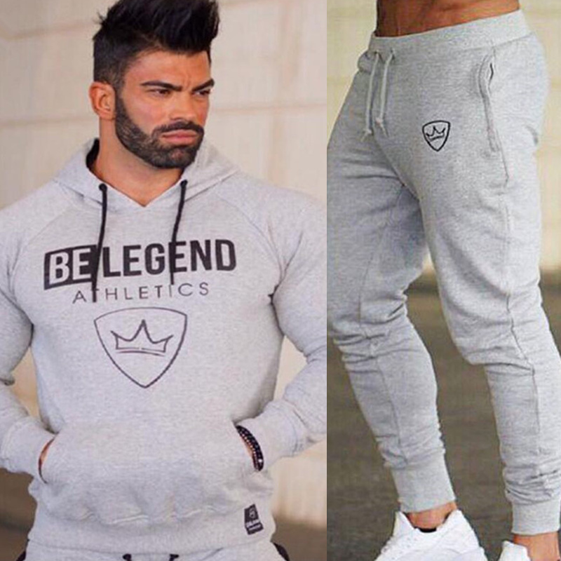 Homens correndo ternos do esporte moletom/sweatpants ginásio treinamento de fitness casaco hoodies calças define masculino jogging esportes agasalho: Gray / L