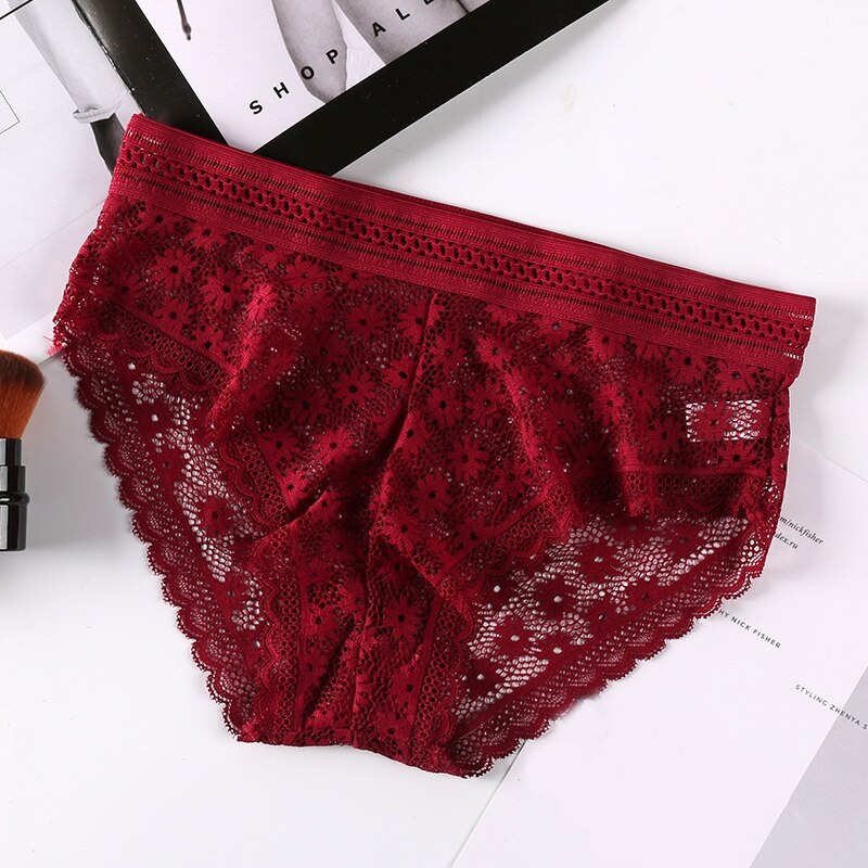 Women Lace Floral Panties Underwear Thin Briefs Sexy Hollow Panties Flower Intimates Underwear: Red