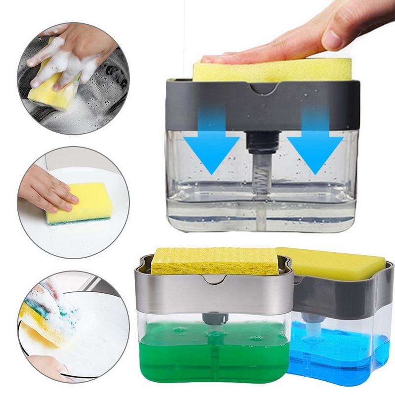 2-In-1 Zeep Pomp Dispenser Met Spons Houder Vloeibare Dispenser Container Handpers Zeep Organizer Keuken Schoner gereedschap