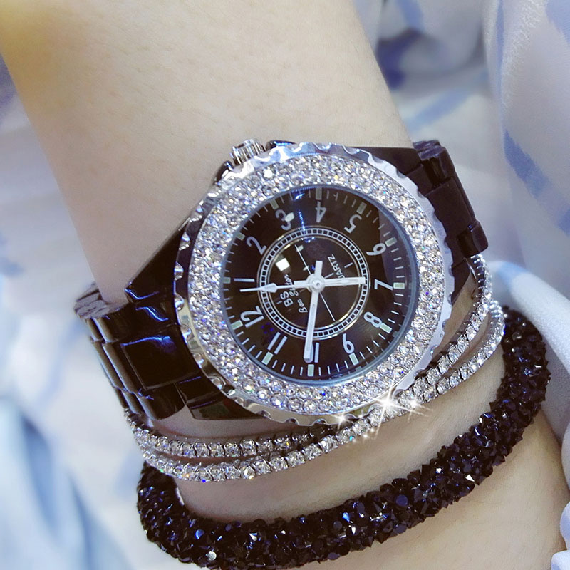 Luksus krystal armbåndsure kvinder hvide keramiske dameure kvarts kvinder ure damer armbåndsure til kvinder: Sort