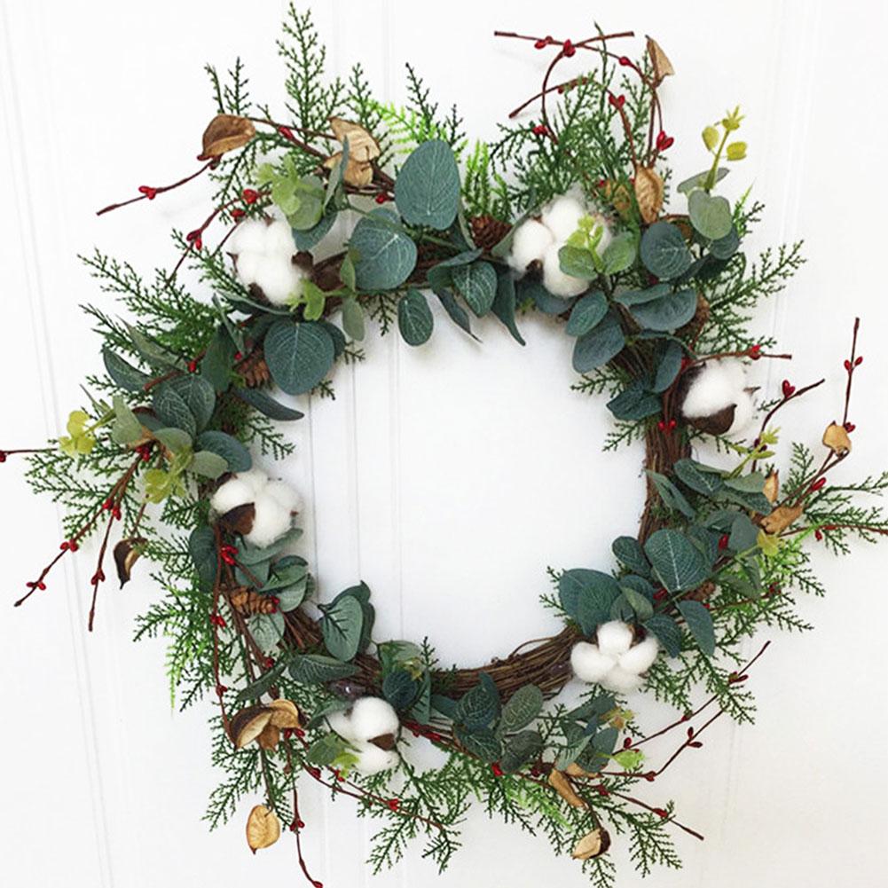 Artificial Green Leaf Wreath Eucalyptus Cotton Wreath Festival Celebration Front Door Wall Fireplace Laurel Hanger Home Decor