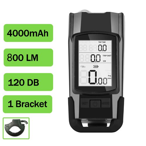 Wireless Bicycle Computer MTB Cycling Bike Odometer Stopwatch Speedometer Integrated 800LM Headlight 120DB Horn Accessories: Black A
