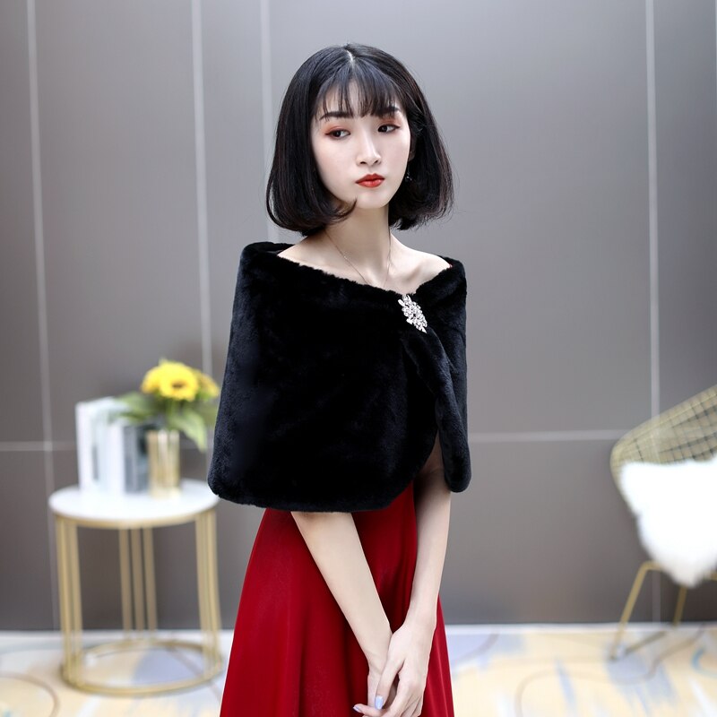 Schwarz Faux Fell Hochzeit Bolero Frauen Zubehör mit Kristalle Dekoration Braut wickelt Herbst Winter Abend zucken