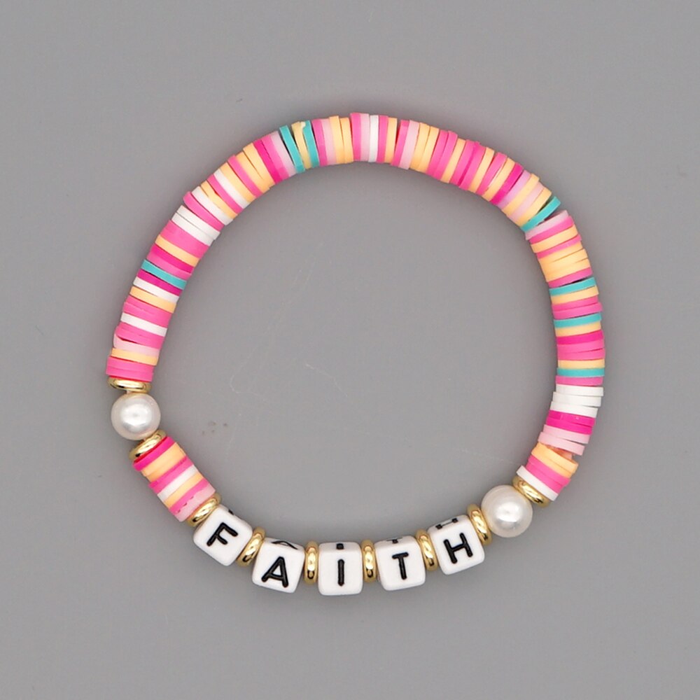 GO2BOHO Rainbow Polymer Clay Bracelets Faith Letter Heishi Beads Bracelet For Women Summer Beach Real Pearl Pulsera Jewelry: QT-B200145B