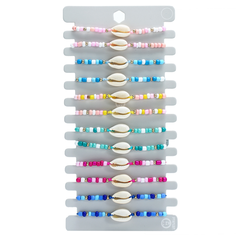 Conjunto de pulsera trenzada con cuentas para mujer y niño, brazalete de cuerda ajustable con abalorios de flores de concha de colores, 12 Uds./lote: Estampado en caliente