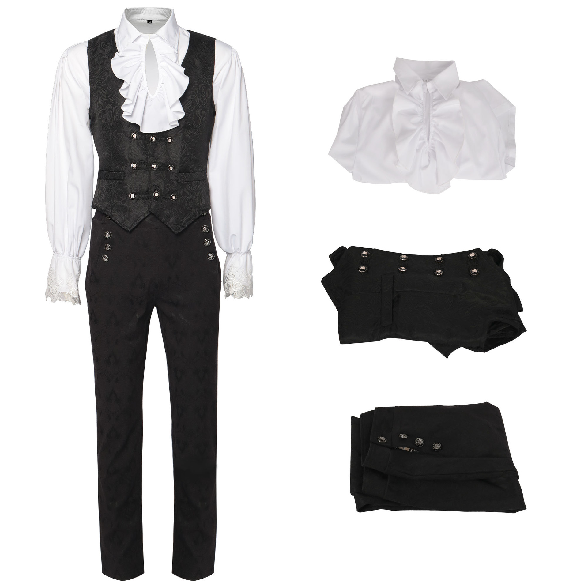 Herren Gothic Kostüm Set schwarz mittelalter lichen Gentleman Frack Shirt Steampunk Halloween Vampir Cosplay Kostüm