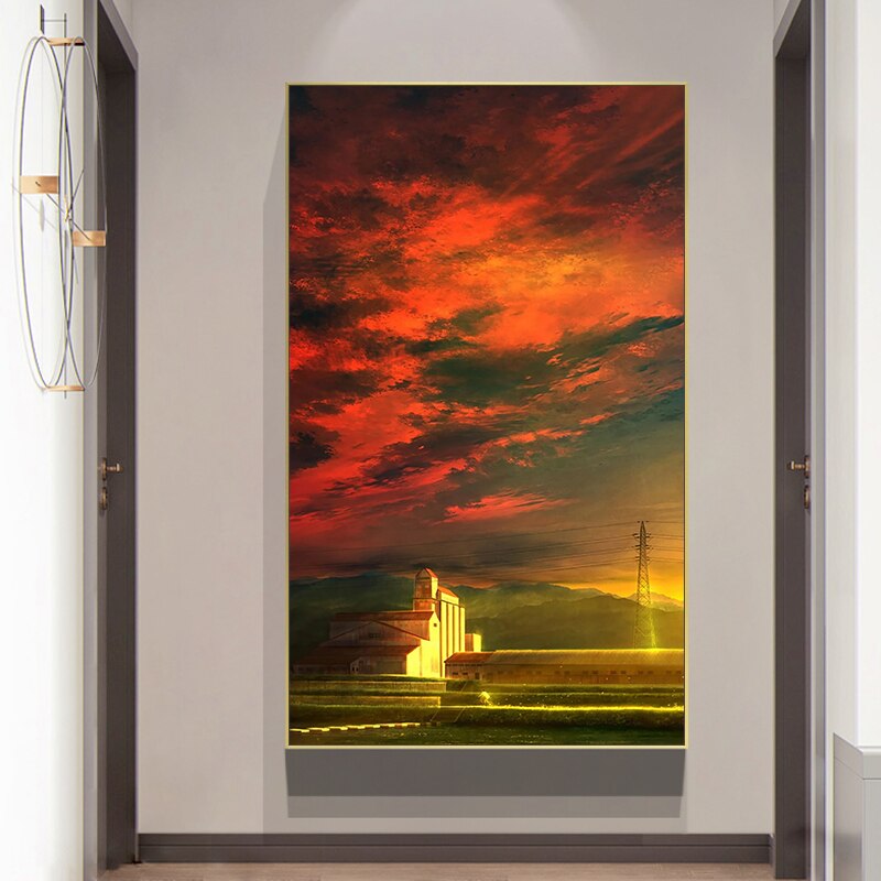 Schilderen op nummer kunst handgetekende illustratie landschap schemering lucht roze wolken huis gang decoratief schilderij
