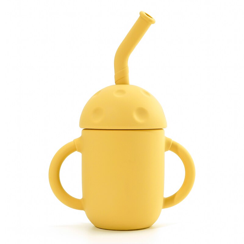 Tasse à champignon en Silicone pour enfants, avec paille, à Double poignée, isolation thermique, en Silicone souple, facile à nettoyer: 005-mustard