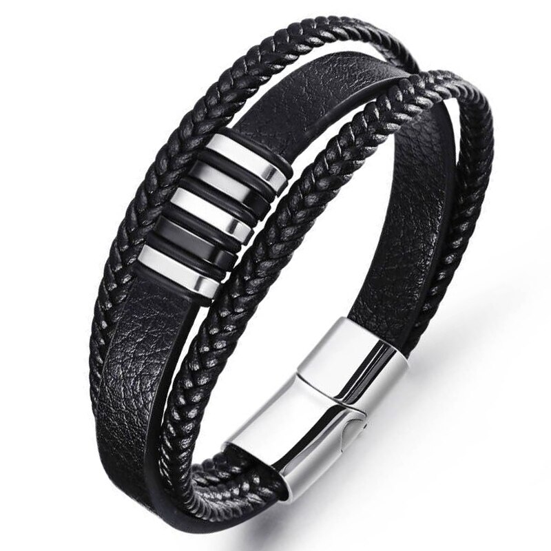 Lederen Armband Mannen Punk Stijl Rvs Magneet Knop Mutil-Layer Leren Armband Voor Mannen Sieraden: 6