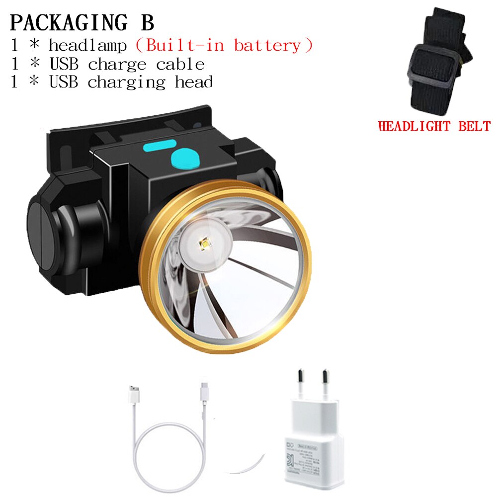 Mini højeffekt usb genopladelig forlygte 3 modes bærbar campinglys bygget -in 18650 batteri vandtæt forlygte: Pakke b / Eu