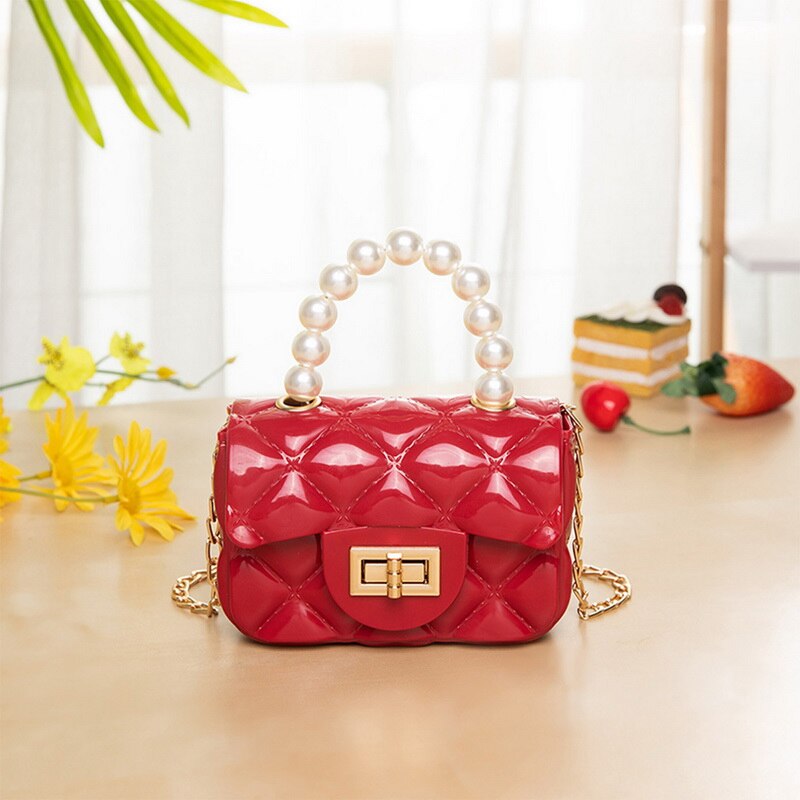 Mini bolso de mano con cadena para mujer, bandolera de PVC con cadena para chica, bandolera con rombos y perlas