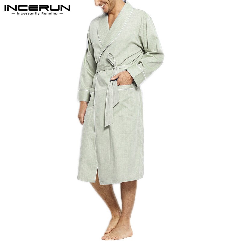 Fritid kortermet v-hals badekåpe menn solide badekåper årsakslommer nattøy nattkjole koselig snøringe nattkjole incerun s -5xl