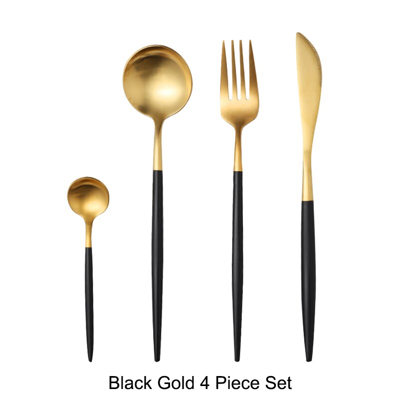 304 roestvrijstalen gouden besteksets, dinervork, mes, lepel, eetstokjes, serviesset, zilverwerk, servies: Zwart goud