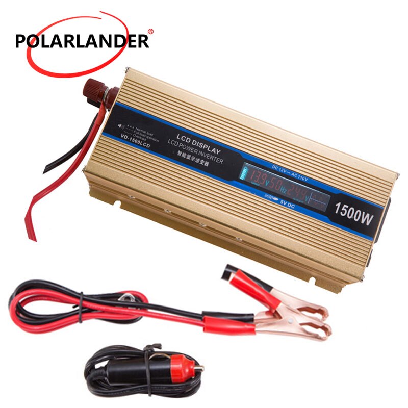 Power inverter 1500w 50hz 12v/24v to 110v/220v omformer kjøretøy strømforsyning gull med skjerm for de fleste bil