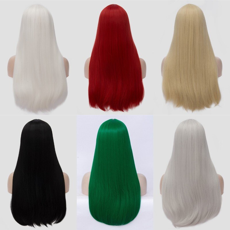 Perruque synthétique avec raie au milieu 24 pouces | Perruque lisse longue de couleur rouge, argent, noir, gris, blanc, blond, verte, perruque pour femmes