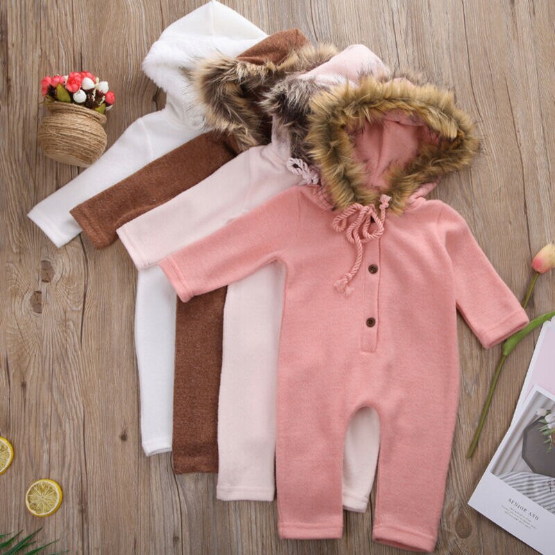 Brand Winter Newborn Baby Boy Girl Long Sleeve Fur Hooded Romper Jumpsuit Playsuit Outfits Warm Clothes 0-24M