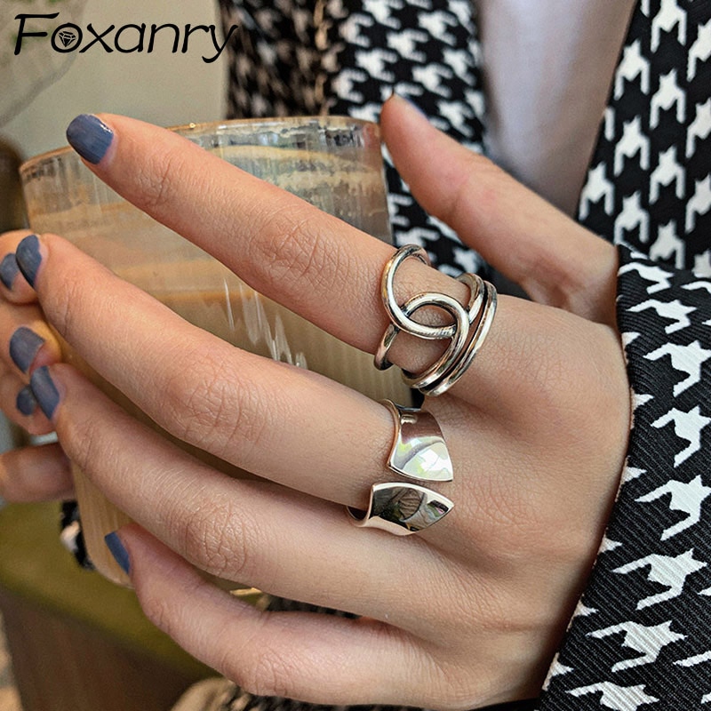 Foxanry Vintage Punk 925 Sterling Zilver Breedte Ringen Voor Vrouwen Simple Multilayer Geometrische Verjaardagsfeestje Sieraden