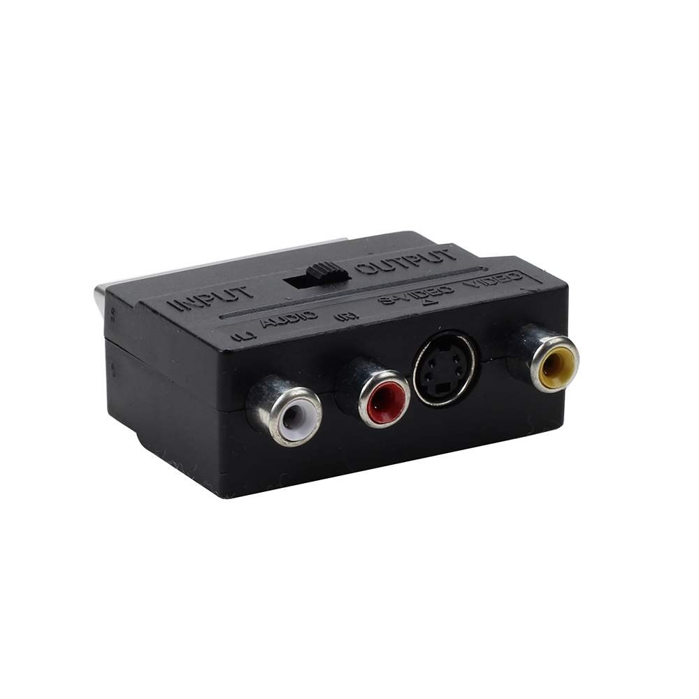 21 -stifts scart-adapter av svart  to 3 rca phono komposit s-video med in/ut-omkopplare scart-adapter av scart till rca triple 3 x phono