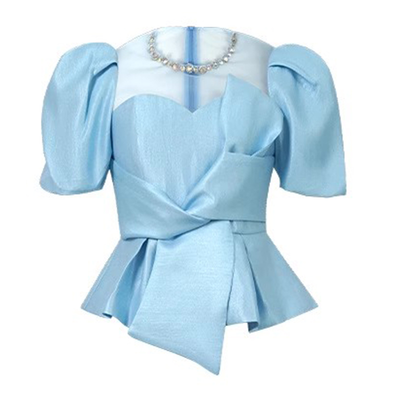 Blusa Sheer Mesh Splice para Mulheres, Manga Bubble, Camisa Bow, Elegante Tops de Cetim, Doce OL, Chique, Feminino, Festa, Roupas de Escritório: XXL / Azul