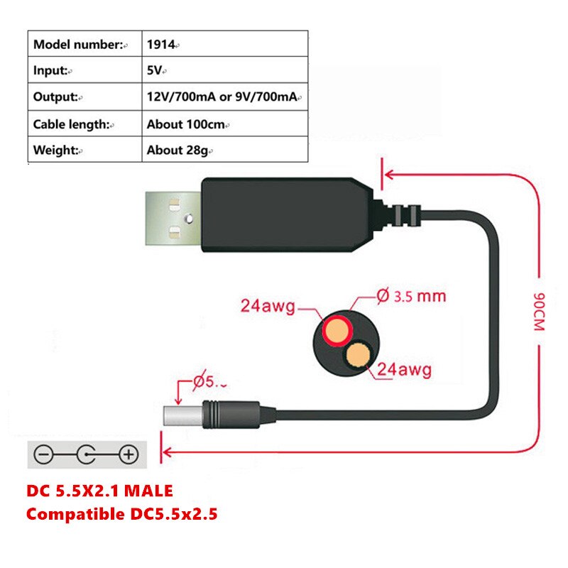 Usb Power Boost Lijn Dc 5V Naar Dc 5V / 9V / 12V Step Up Power module Usb Converter Adapter Kabel 2.1X5.5Mm Plug
