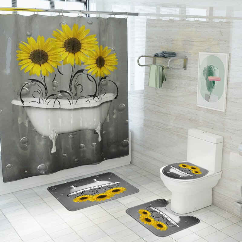 180 x 180cm natuurbloemen waterdichte polyester douchegordijnen badkamergordijnen sets toiletmat antislip badmat set: C 4 stuks