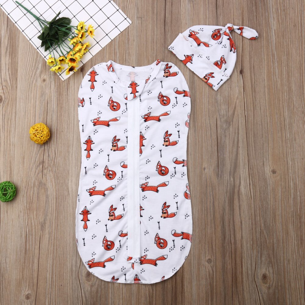 2Pcs Baby Sleeping Bags Soft Swaddle Muslin Blanket Printed Newborn Infant Sleeping Bags Zipper Wrap Swaddling Blanket with Hats: A / 0-3M