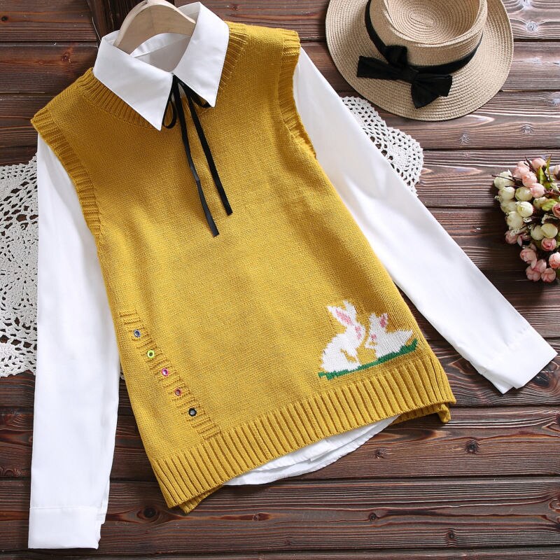 Loose Student College Wind Sweater Vest Female Cartoon Pattern Embroidery Round Neck Sleeveless Irregular Sweater Vest Women: YELLOW