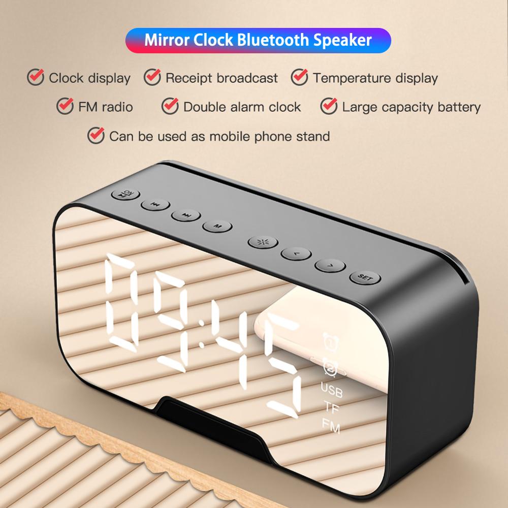 Led väckarklocka med fm radio trådlös bluetooth högtalare spegel display stöd subwoofer musik snooze bordsklocka
