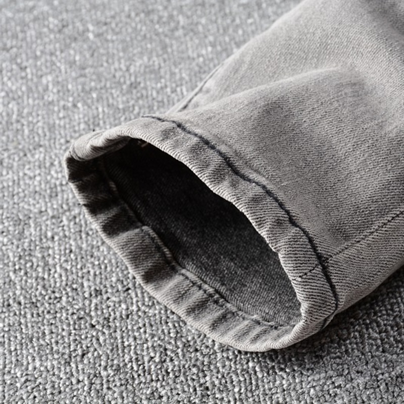 Jean stretch pour hommes, Streetwear brodé, slim, broderie ours en denim gris, pantalon extensible
