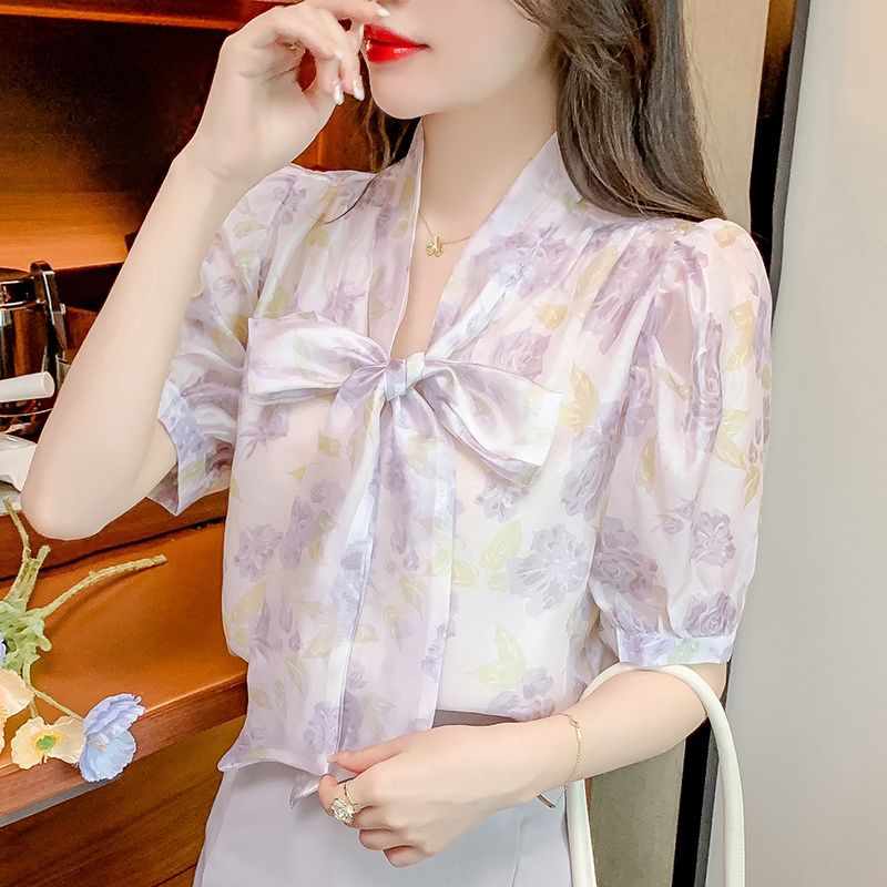Blusa de gasa con estampado Floral para mujer, camisa holgada de manga corta con lazo, ropa informal coreana, Tops elegantes de verano