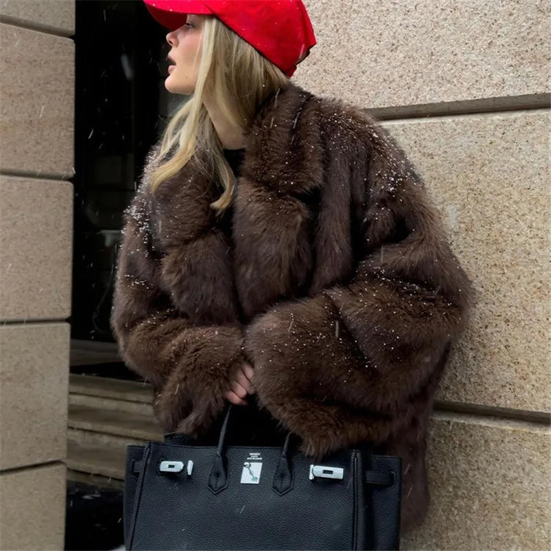 Vrouwen namaakbontjassen met lange mouwen, streetwear vest, jassen, kraagvorm, elegante dikke warme losse jas, effen herfst winter: M / Black