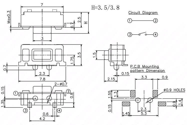 50 Uds botón de teléfono pulsador lateral Micro botón Interruptor táctil de luz 2X4mm/3X6X3.5mm interruptor táctil momentáneo montaje SMD PCB