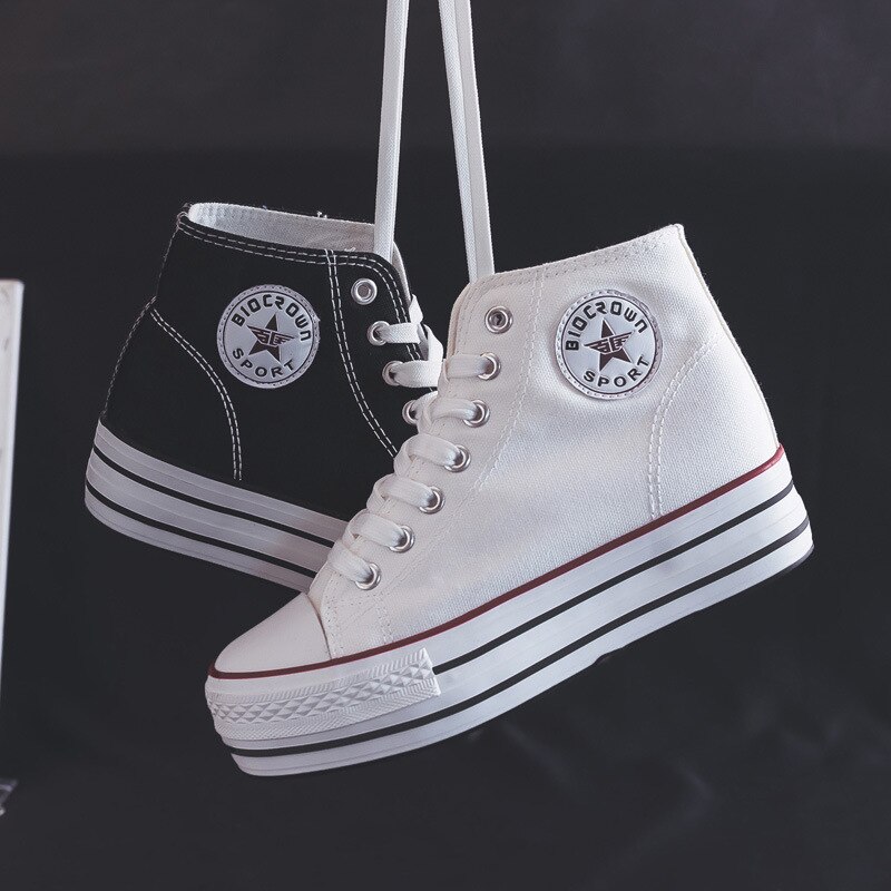 Dame lærredssko high-top indvendig forøgelse plus lille størrelse 34 ren farve hvide sneakers 5.0cm hæle snørebånd pige fritidssko