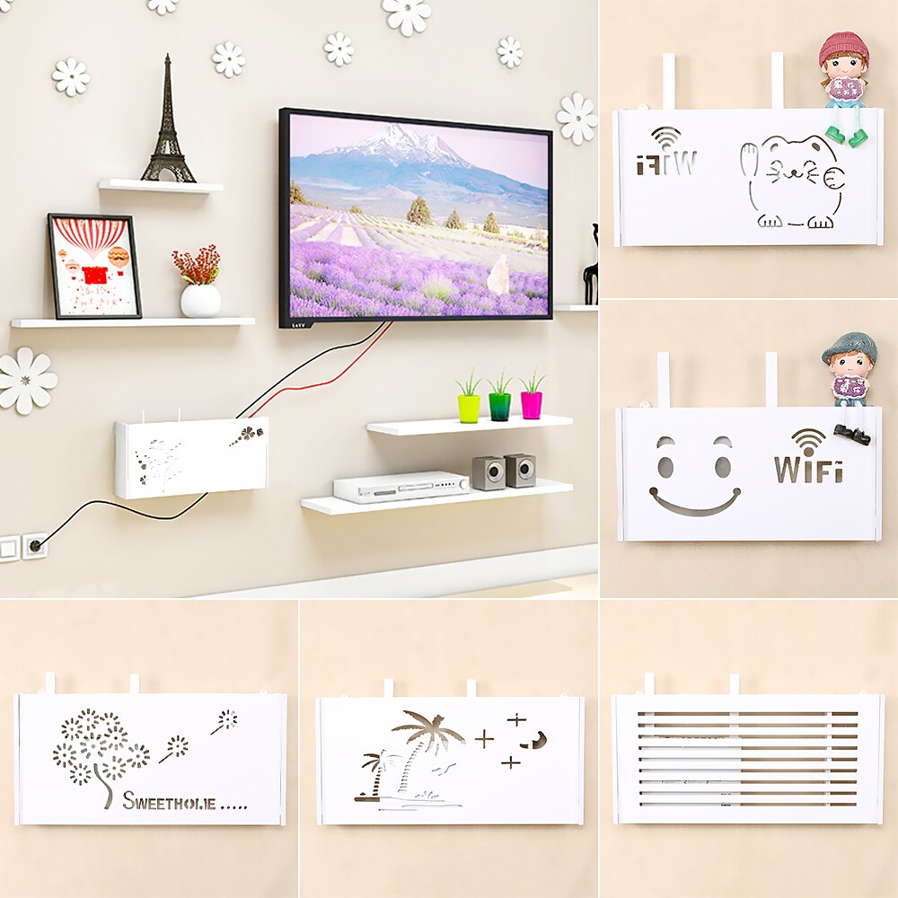 Wifi Router Shelf Wall mount Storage Boxes Cable Power Wire Bracket Storage Box Wood-Plastic Wall Shelf Hanging Plug Bracket Box