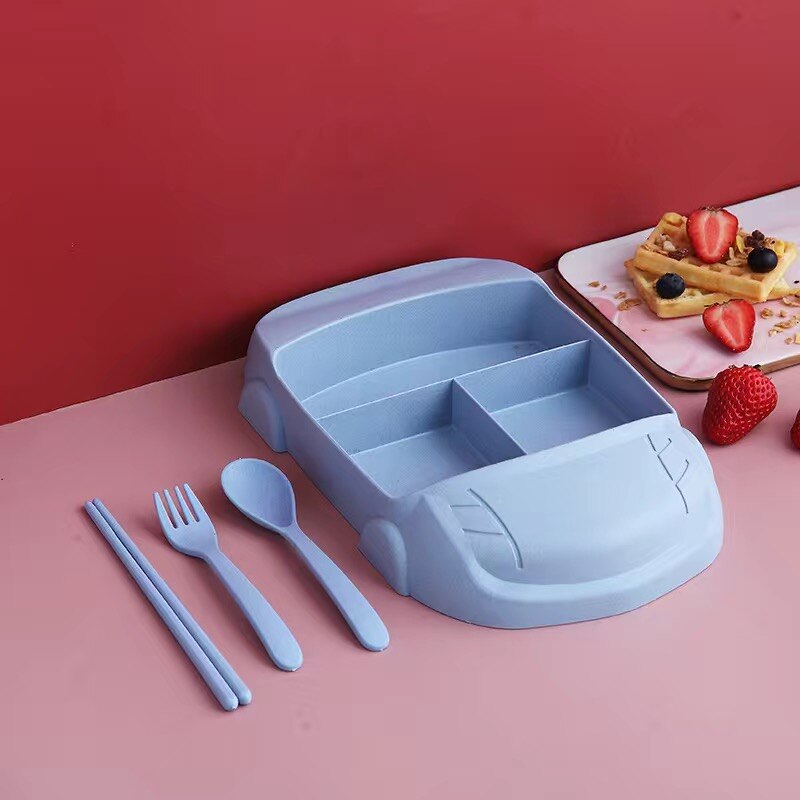 Children Tableware Plates Set Baby Feeding Dish Kids Crockery Split Plate Toddler Spoon Fork Bowl Kid Food Dishes Cutlery Gadget: Blue 4 set