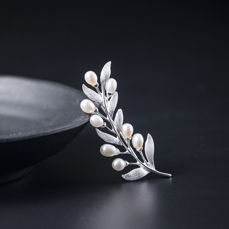 925 Sterling Silver Natural Pearls Brooches Fine Jewelry for Women Olive Tree Branch Brooch Trendy Party Cute: silver