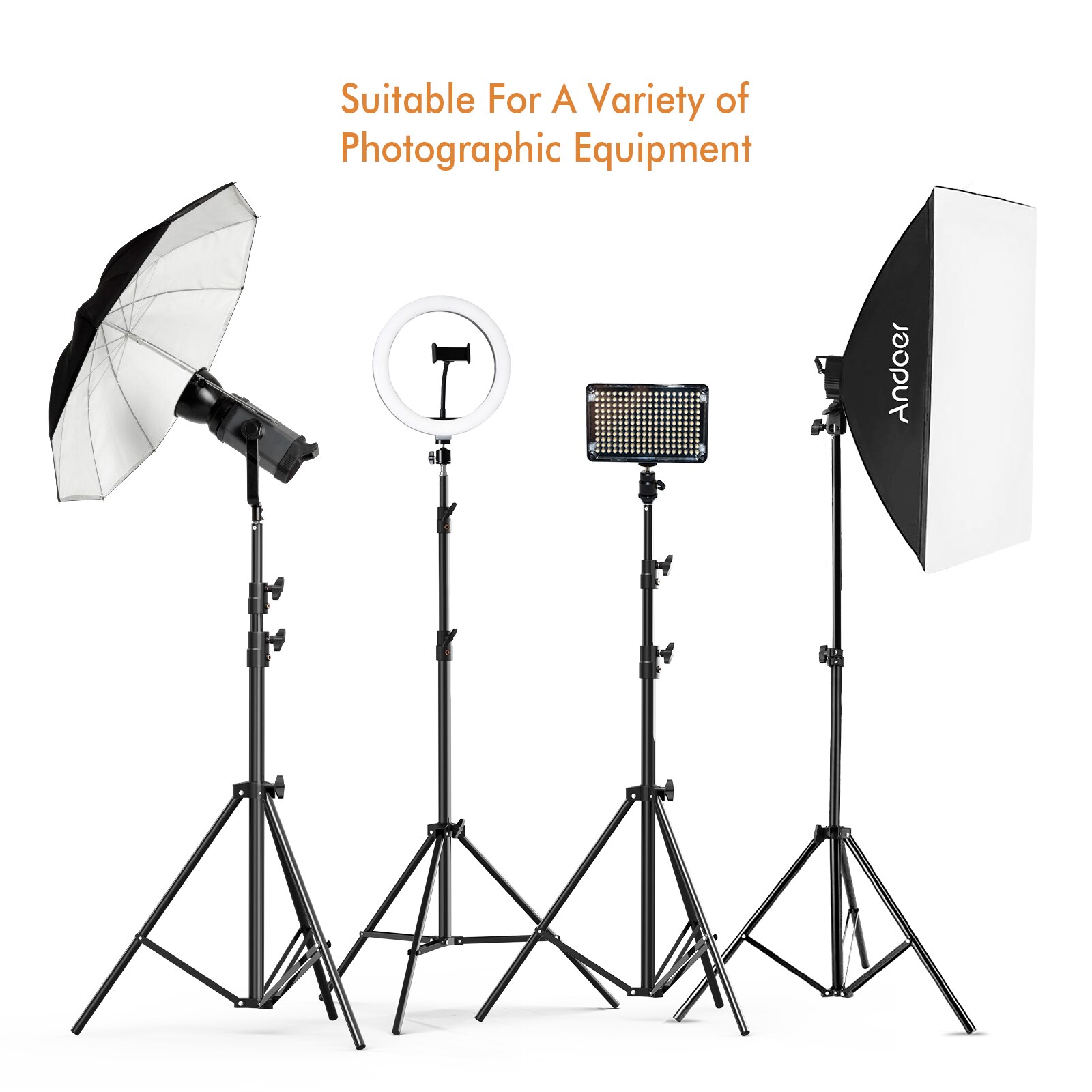 Portable Metal Light Stand Heavy Duty Adjustable Photography Tripod Stand Max. Height 200cm for Studio Reflector Softbox Light