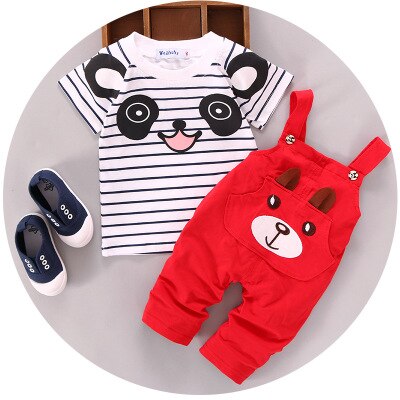 Cartoon Beer Baby Boy Meisje Kleding Sets Wit Tops T-shirt + Tuinbroek Bib Broek 2 Stuks Sets Casual Katoen Kinderen outfits: Rood / 6m