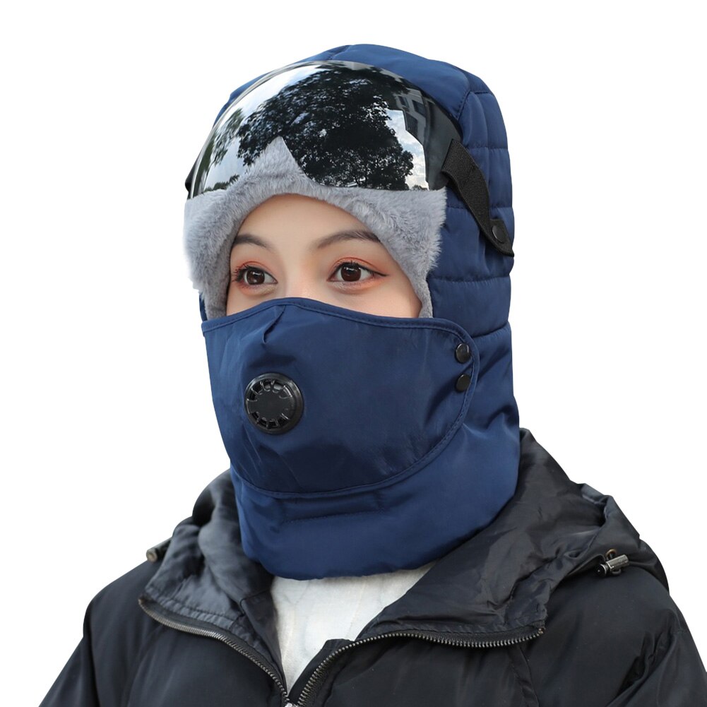 With Glasses Protective Outdoor Earflap Full Face Soft Snow Caps Ski Bomber Hat Riding Camping Hiking Windproof Warm Winter: Blue / Black Glasses