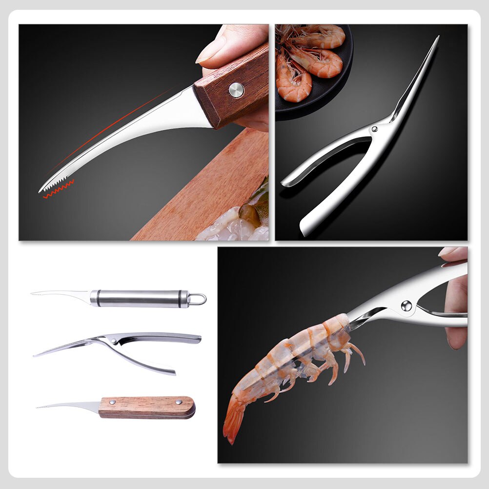 3Pcs Stainless Steel Shrimp Cleaning Tools Shrimp Line Peeling Tools with Wooden Handles