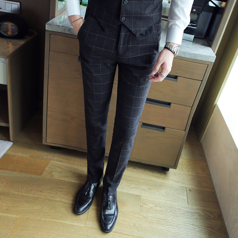 Men plaid Cotton Solid Color Business Suit Pants /Male slim Groom Wedding Dress Suit Pants Mens Trousers 29-35