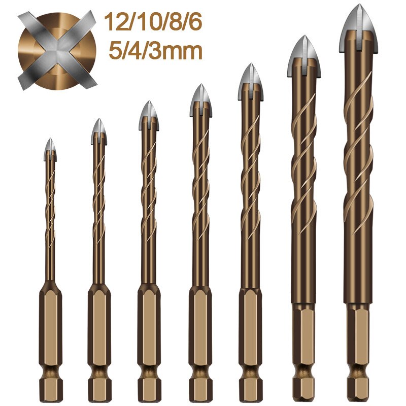 1Pc Hex Shank Spiral Groove Cross Alloy Four-edged Drill Bit Glass Ceramic Concrete Hole Opener 3/4/5/6/8/10/12MM