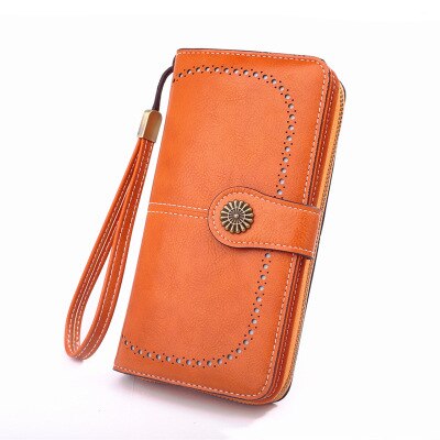 Damen-geldbörse aus gewachstem leder im retro-stil mit langem reißverschluss, handytasche, kartenetui und handtasche.: Orange