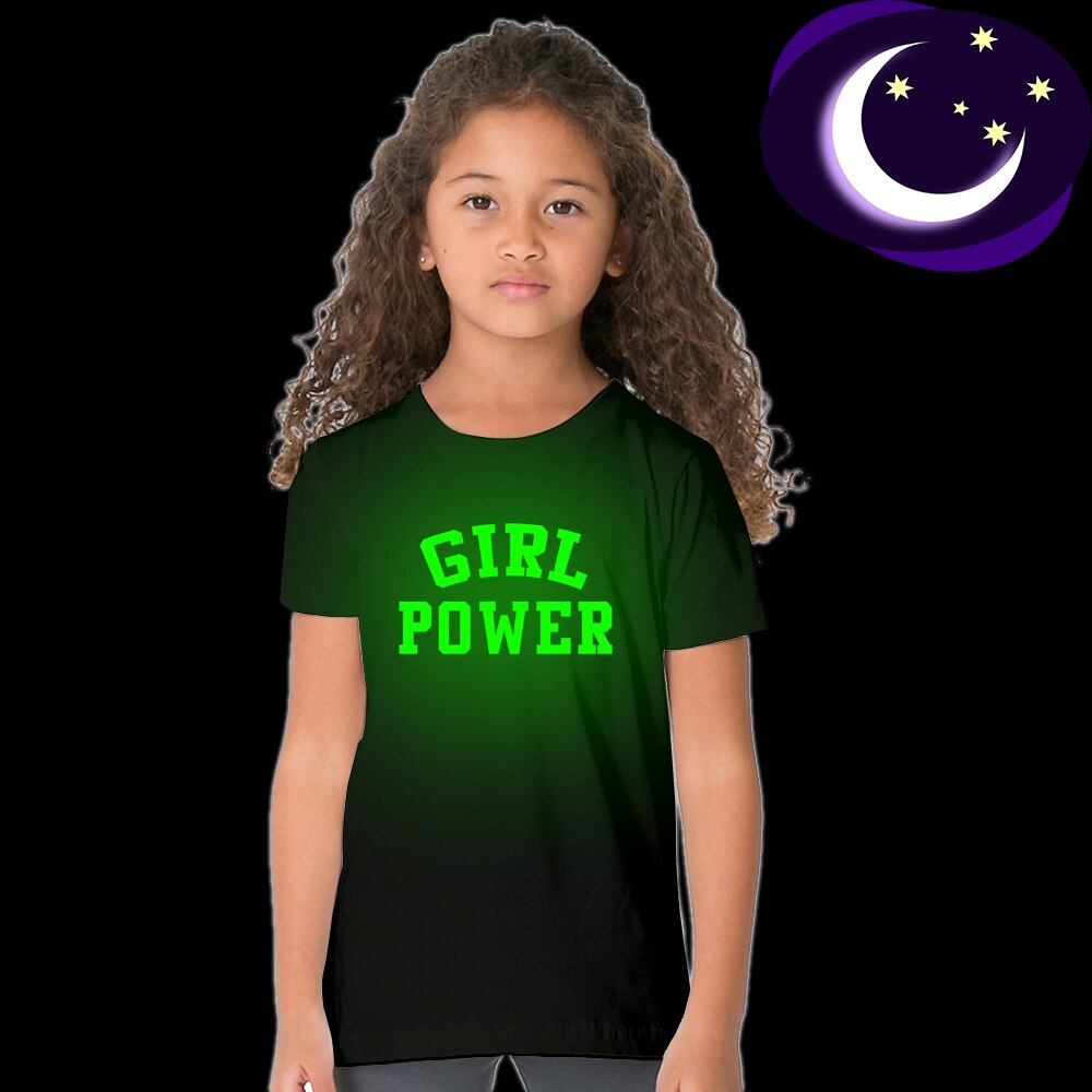 Barn flickor sommar nattlysande t-shirt girl power print glöd i mörka kläder roliga barn självlysande kortärmade t-shirts toppar