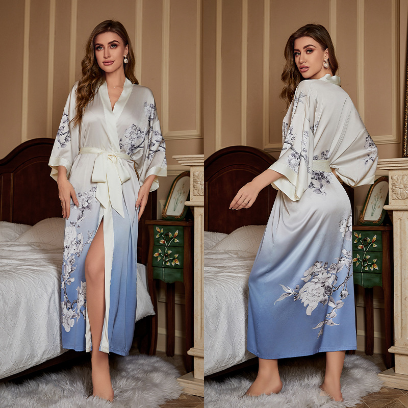 Peignoir kimono à manches mi-longues de style japonais pour femmes, robe longue femme, chemise de nuit, vêtements de nuit, satin imprimé fleuri, robe en span pour la maison