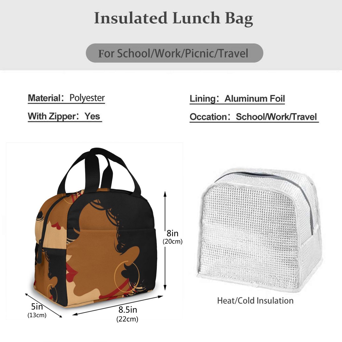 Afrikaanse Vrouw Lunch Tas Draagbare Geïsoleerde Thermische Cooler Bento Lunchbox Tote Picknick Opbergtas Pouch