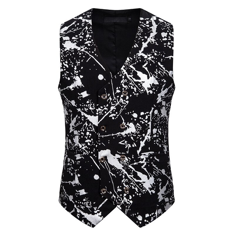 Slank dobbeltradet jakkesæt vest mænd hipster sølv splash blæk print kjole vest vest mænd fest bryllup smoking veste: Flis / Xl