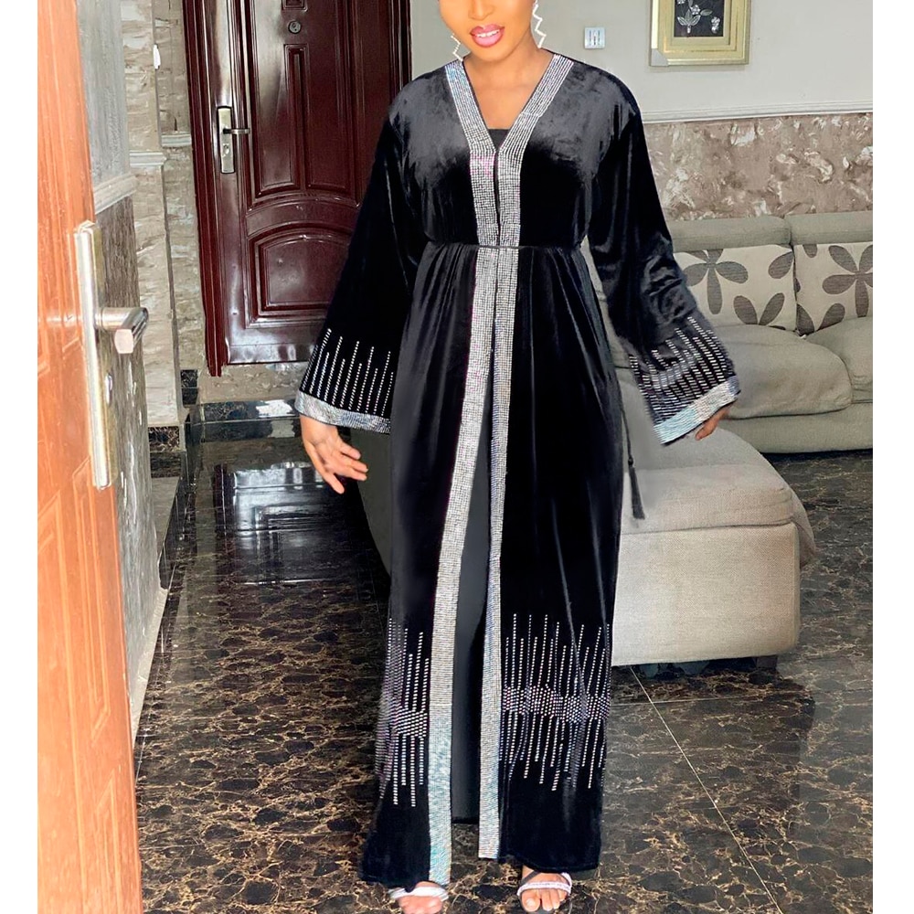 MD Kimono musulman Abaya Cardigan femmes ouvert Abayas noir velours Hijab Robe dubaï turc caftan Robe grande taille marocain Boubou