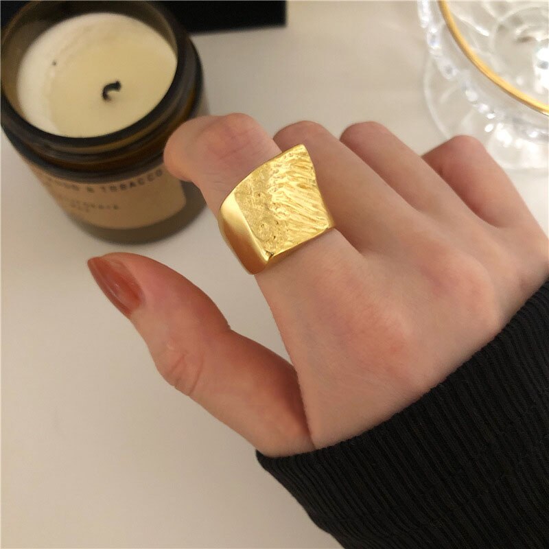 Anillo de dedo abierto de superficie Irregular hecho a mano anenjary para mujeres y hombres, joyería geométrica convexa cóncava, S-R806: Gold Color